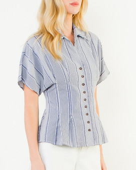 Navy Stripe Waist-Defined Button Front Blouse