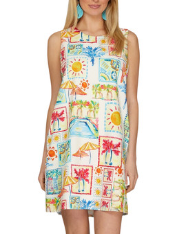 Tropical Vacation Postcard Print Sleeveless Shift Dress