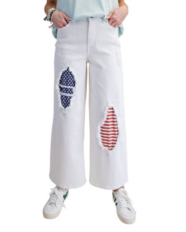 Patriotic Flag Patch Wide Leg Cropped Jeans