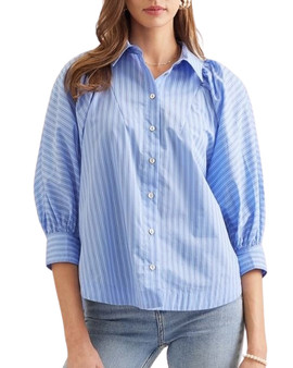 Pinstripe Balloon Sleeve Button Front Blouse