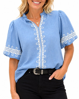 Blue Embroidered Trim Puff Sleeve Blouse