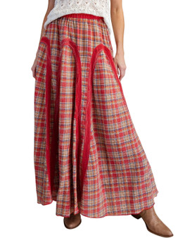 Red Plaid Mineral Washed Cotton Maxi Skirt