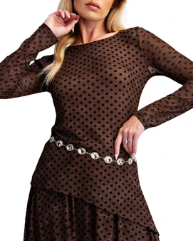 Flocked Polka Dot Mesh Long Sleeve Top