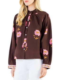Chocolate Floral Ruffle Neck Button Front Blouse