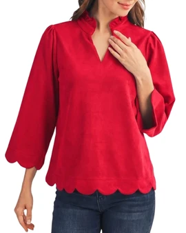 Soft Scallop Trim Ruffle Neck Blouse