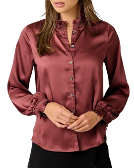 Ruffle Neck Satin Button-Down Blouse