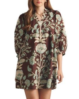 Brown Floral Print V-Neck Puff Sleeve Shift Dress