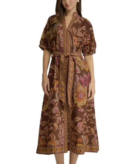 Floral Border Print Tie Waist Midi Dress