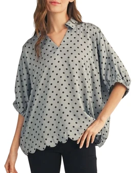 Polka Dot Scallop Hem V-Neck Top