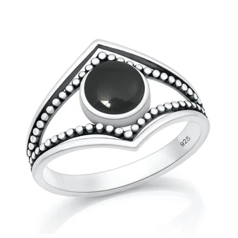 Sterling Silver Black Onyx Beaded Openwork Ring