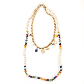 Two Layer Wooden Stone and Golden Beaded Necklace