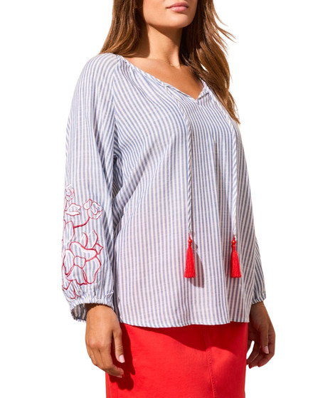Striped Embroidered Sleeve Tassel Top Striped Embroidered Sleeve Tassel Top