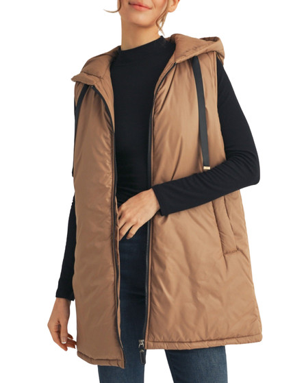 Taupe Longline Hooded Puffer Vest