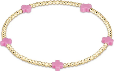 Signature Cross Small Gold 2mm Bead Bracelet - Bright Pink