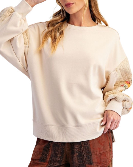 Beige Quilted Sweatshirt with Floral Sleeve Detail