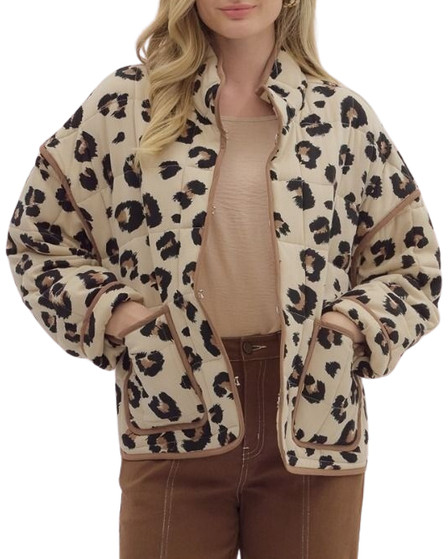 Leopard Print Quilted Jacket with Front Pockets