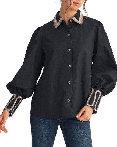 Black Button-Up Blouse with Embroidered Cuffs & Collar Detail