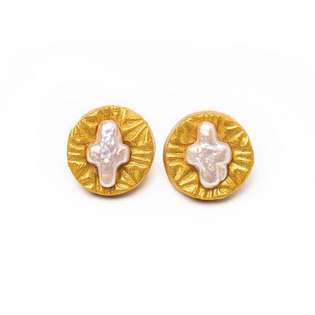 Mother of Pearl Round Disk Cross Studs