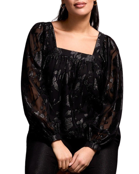 Black Metallic Floral Square Neck Blouse