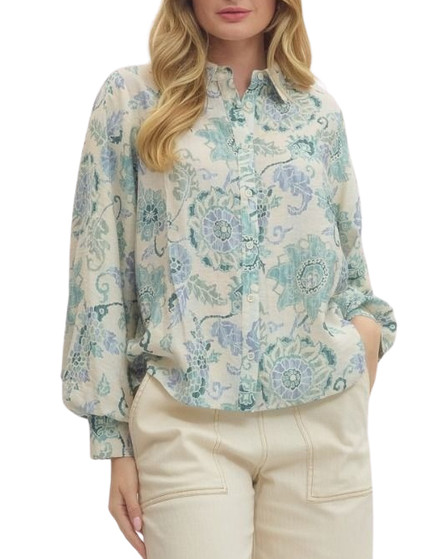Floral Button-Front Blouse with Balloon Sleeves