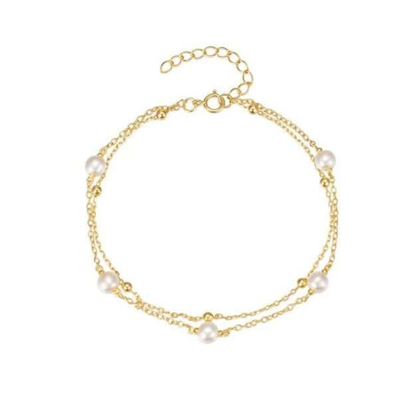 Double Strand Pearl and Beads Link Bracelet - Gold
