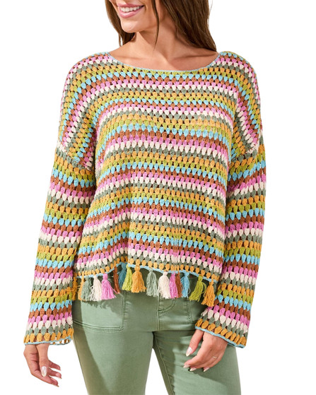 Long Bell Sleeve Crochet Tassel Trim Sweater