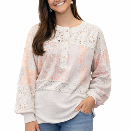 Patchwork Eyelet Henley Top