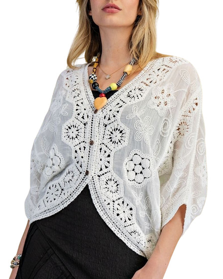 Dolman Sleeve Crochet Lace Button-Front Cardigan