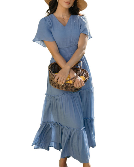Soft Blue Smocked Waist Tiered Maxi Dress