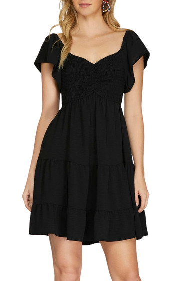 Sweetheart Neckline Smocked Flutter Sleeve Mini Dress