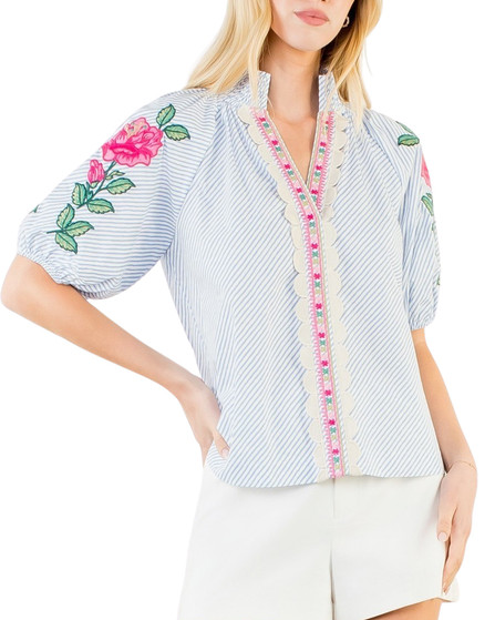 Blue Stripe Floral Embroidered Puff Sleeve Top