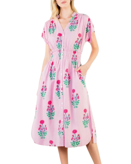 Pink Floral Button Front Midi Dress