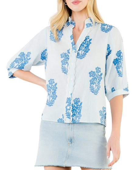 Blue Floral Stripe Button Front Blouse
