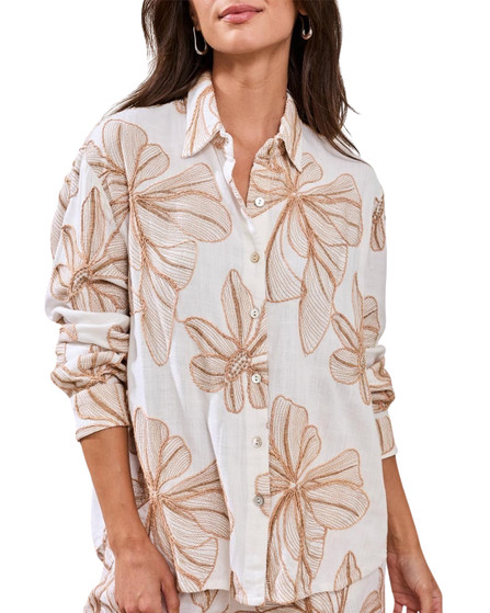 Embroidered Crosshatch Button Front Blouse