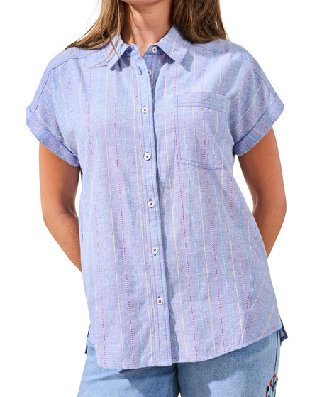 Blue Multi-Stripe Cap Sleeve Button Front Top