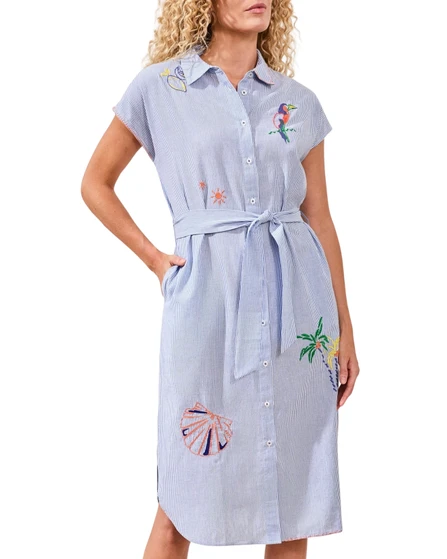 Striped Embroidered Vacation Shirt Dress with Belt