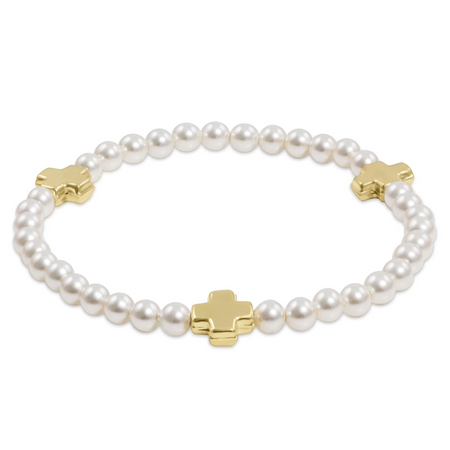 Signature Cross 4mm Bead Bracelet -  Pearl Gold