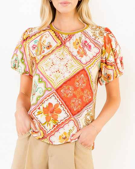 Tile Print Puff Sleeve Blouse in Coral Multi