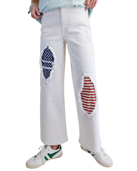 Patriotic Flag Patch Wide Leg Cropped Jeans