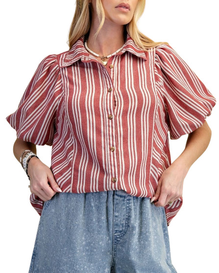 Red Stripe Puff Sleeve Button Front Blouse