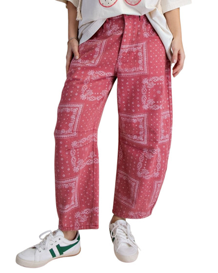 Washed Red Bandana Print Barrel Leg Jeans