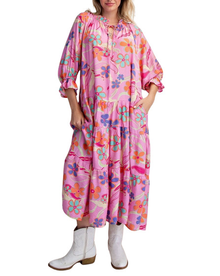 Retro Bloom Pink Floral Tiered Oversized Maxi Dress