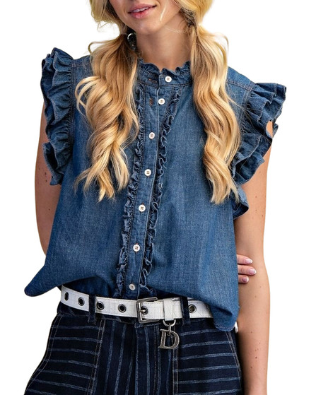 Ruffle Trim Chambray Sleeveless Button Front Top