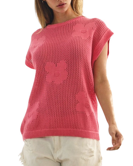 Pink Floral Textured Knit Sweater Top