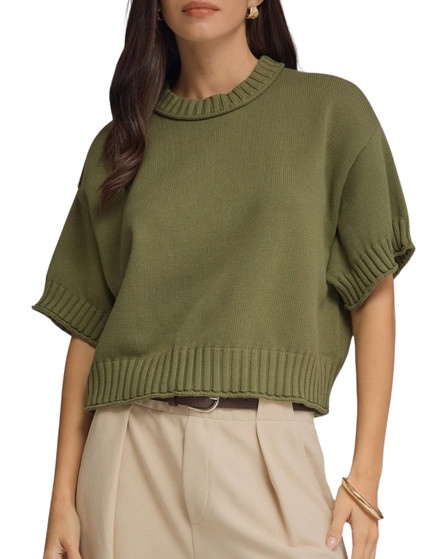 Short Sleeve Rib Trim Crop Sweater