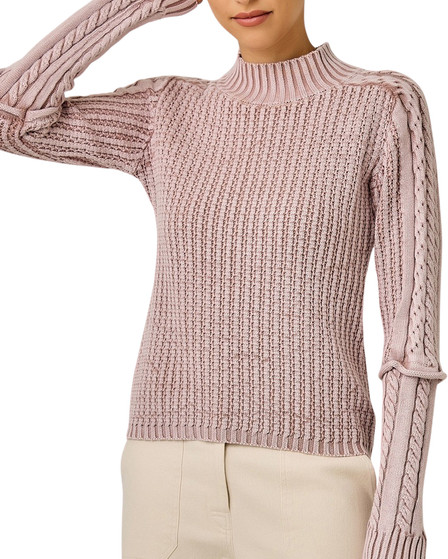 Washed Rose Cable Sleeve Mock Neck Sweater
