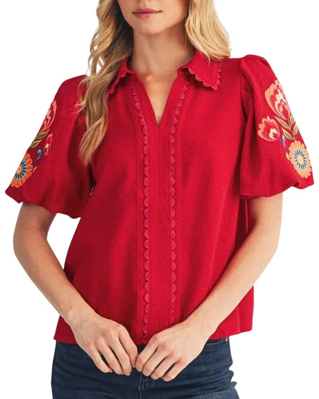 Embroidered Floral Puff Sleeve Blouse