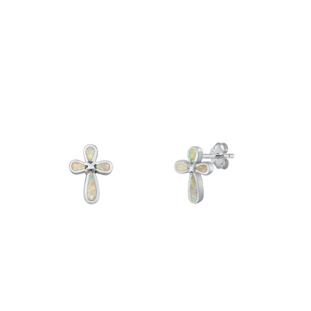 Sterling Silver White Opal Cross Stud Earrings