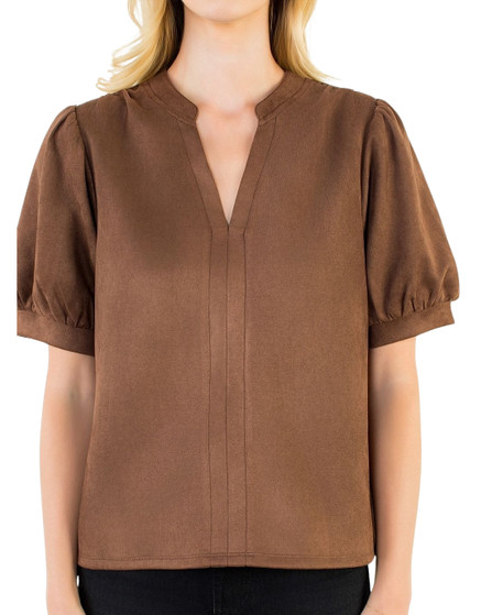 Suede Split Neck Puff Sleeve Blouse