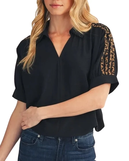 Black Leopard Stripe Sleeve Top